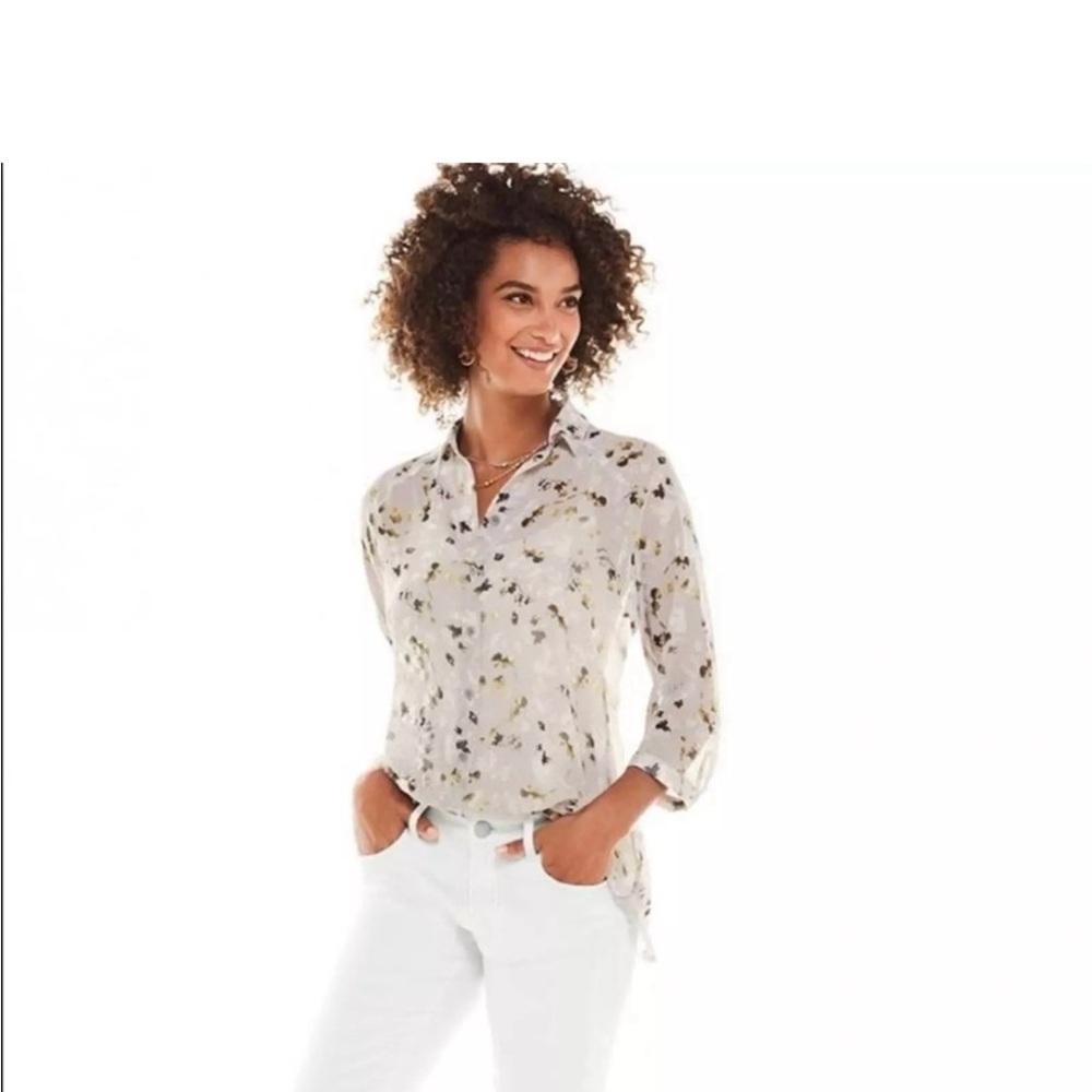 CAbi 5204 sheer matinee Floral Print 3/4 sleeves button down Top blouse Sz XXS